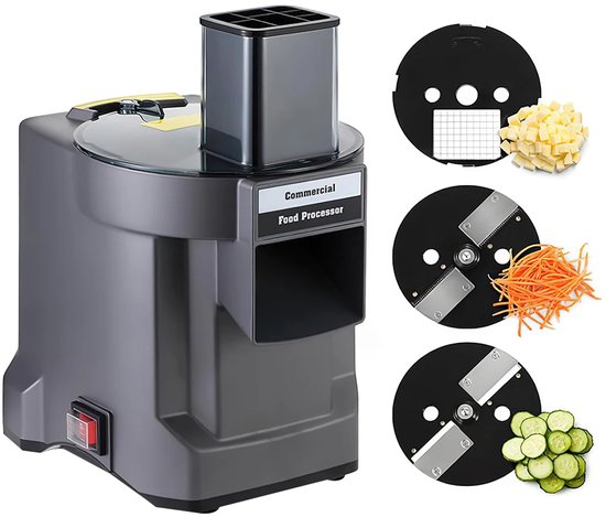 Donkere voedselverwerker met de tekst 'Commercial Food Processor' en vier snijschijven die plakjes, blokjes en geraspte wortel en komkommer tonen.
