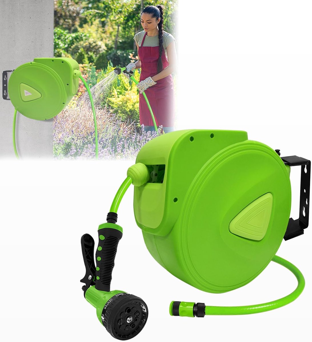 30m Groen Wandslangenbox Automatische Slanghaspel 180° Draaibare Tuinslanghaspel 3/4" Aansluiting Zwenkbare Slanghaspel met Slangstop, Snelkoppeling & Meerdere Sproeistanden voor Tuin Camping Garage Irrigatie, NAIZY