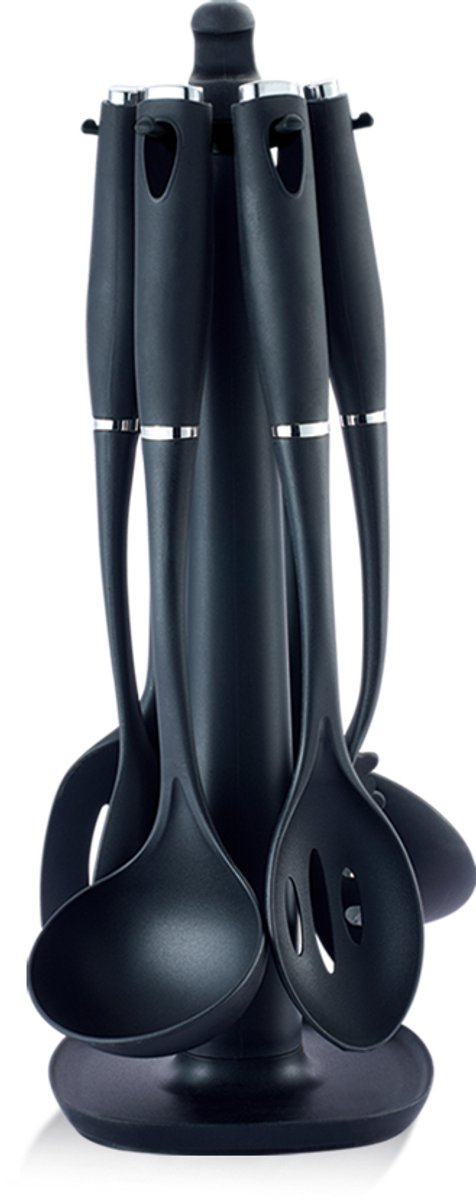 Swiss Haus® KU7B Nylon Keukengerei Sets Met Houder - 8 Delig Kookgerei Set - BPA Vrij & Hittebestendig - Vaatwasserbestendig - Ophangbaar - Zwart