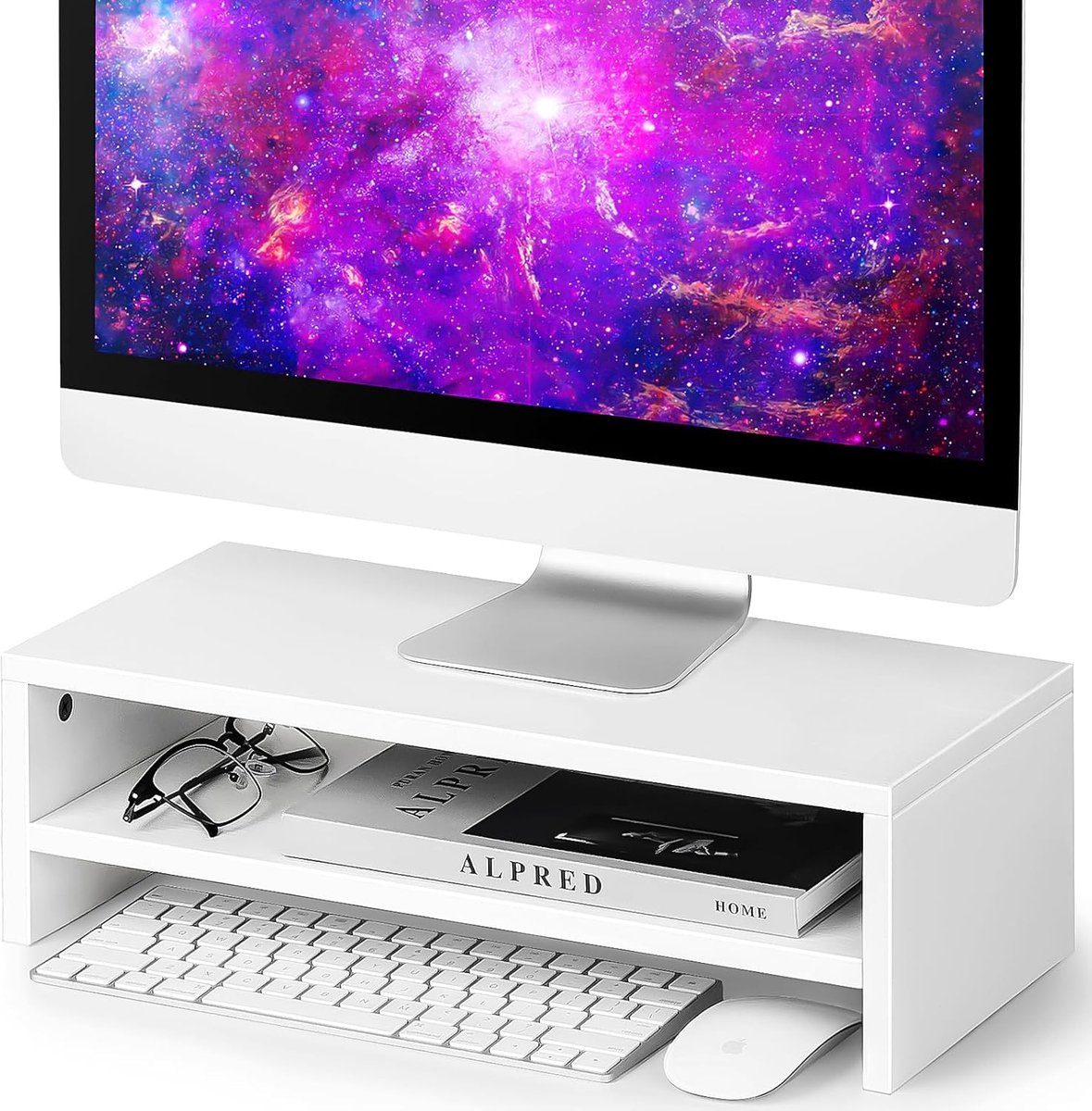 Monitorstandaard Bureau - Verhoger Scherm - Bureau Organisatie - Twee Niveaus - 42x20x13 cm - Wit
