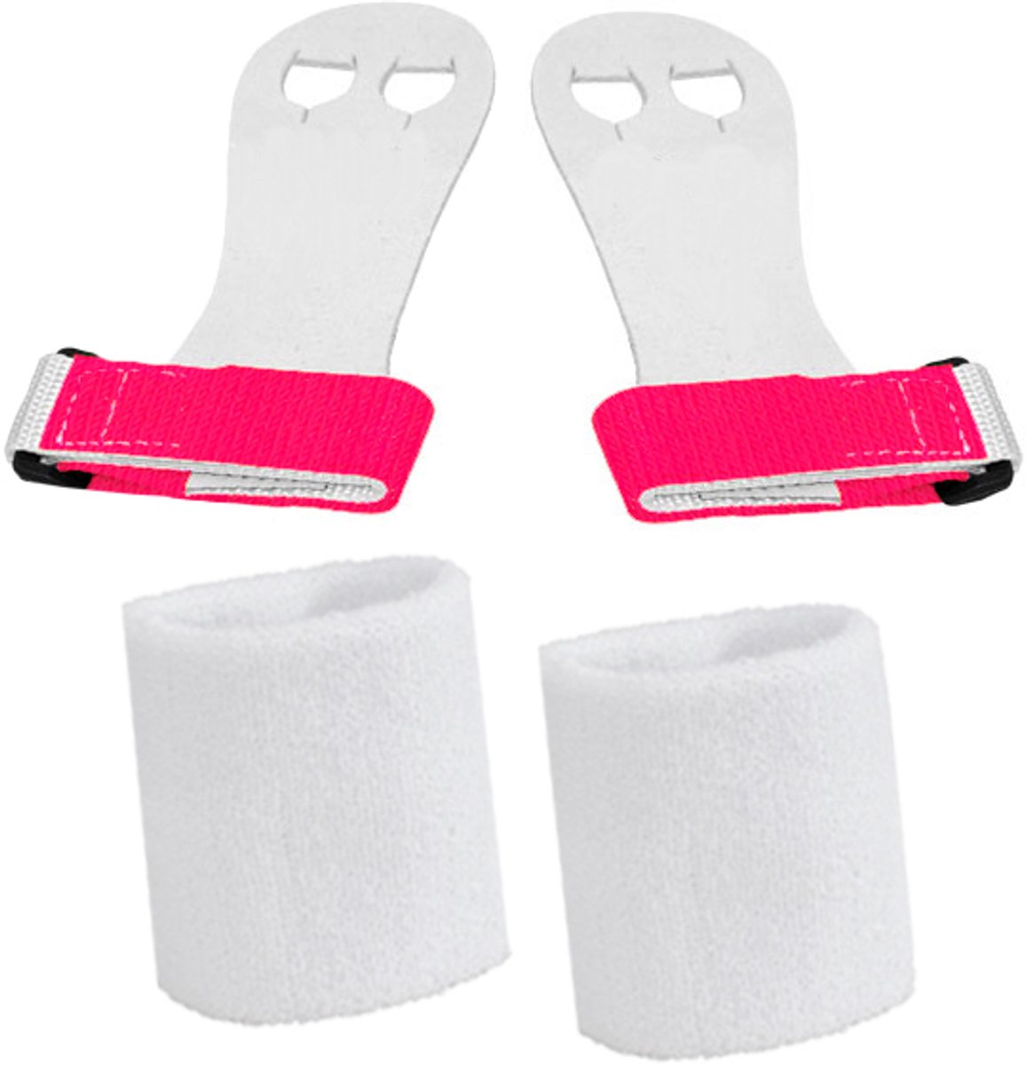 Turnleertjes Bailie Roze maat 4/XL (1 paar) met Korte Witte Polsbanden (1 paar) Turnen Gymnastiek Beginners Leertjes Grips Turnen Gymnastiek Crossfit Leer Bescherming Handen Brug Rekstok Ringen