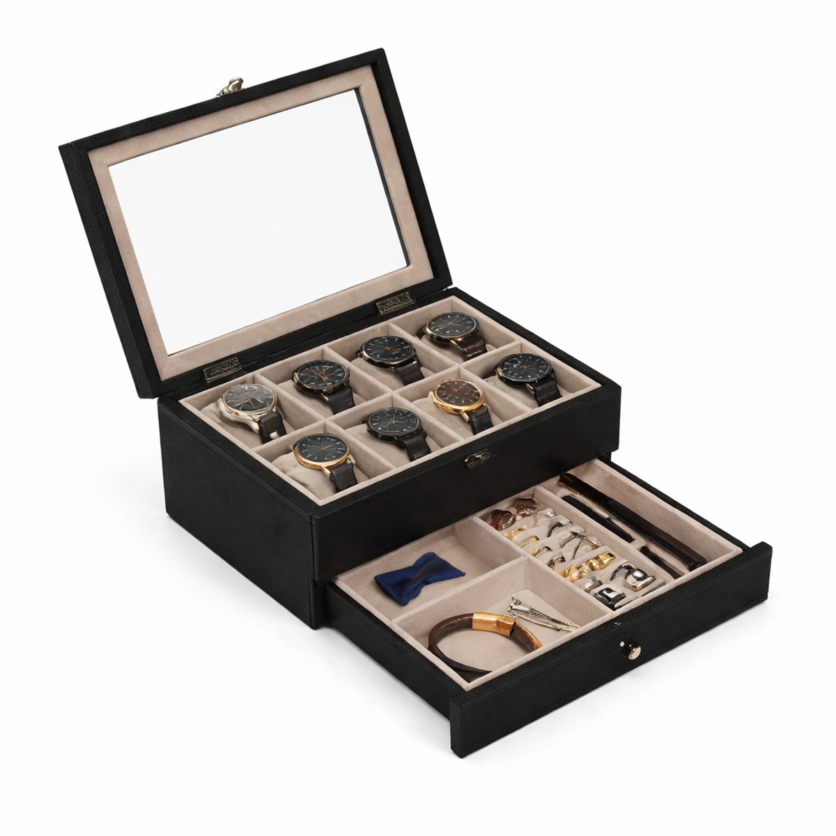 CYRO - Horloge doos - Horlogebox - Horlogedoos - Sieradendoos Heren - 8-12 Compartimenten - Fluweel - 19x27x12,5 cm - Zwart