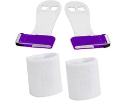 Turnleertjes Bailie Paars maat 1/S (1 paar) met Korte Witte Polsbanden (1 paar) Turnen Gymnastiek Beginners Leertjes Grips Turnen Gymnastiek Crossfit Leer Bescherming Handen Brug Rekstok Ringen