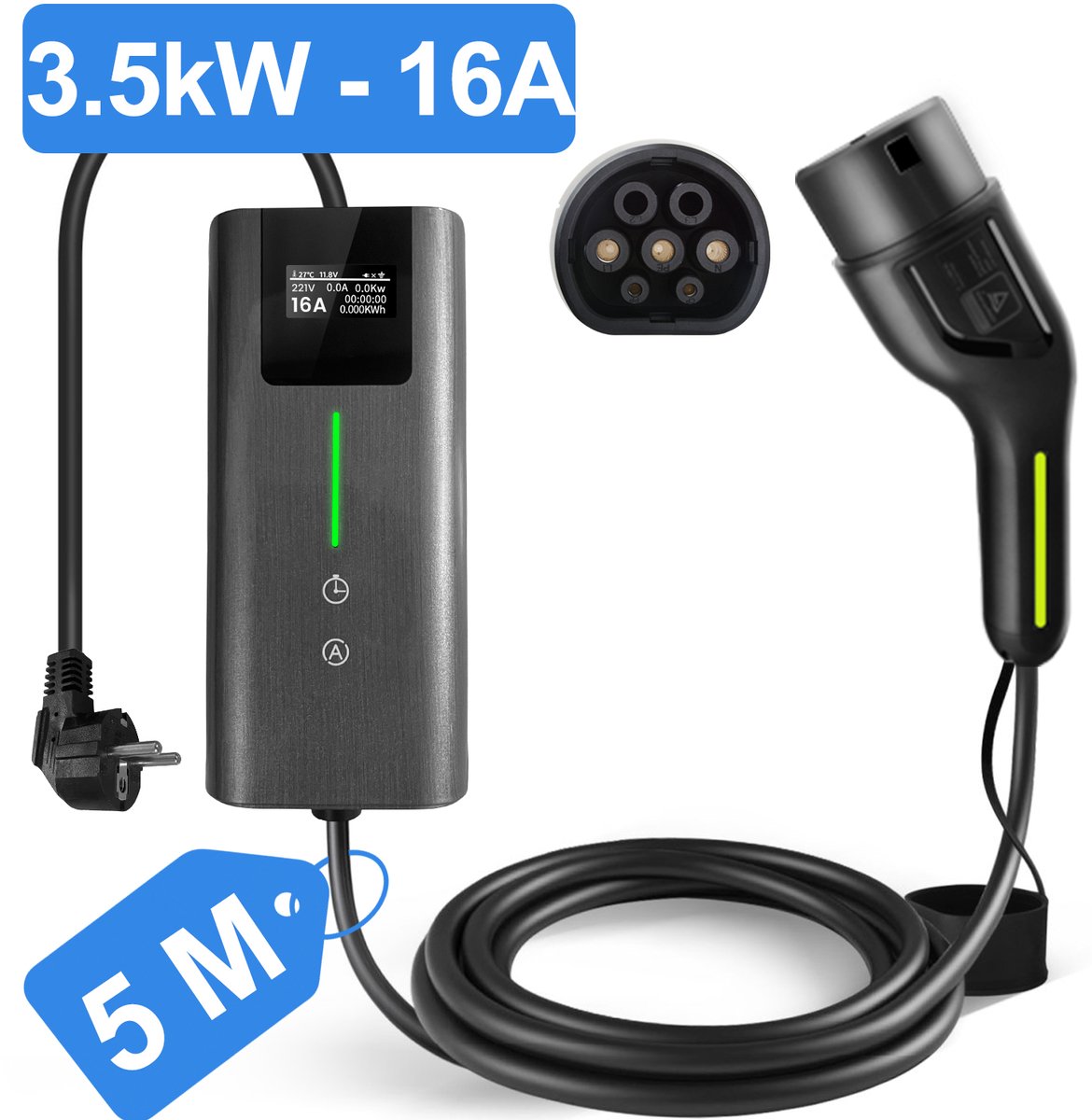 Junsun Type 2 EV Mobiele Thuislader Laadkabel (met aarding) - 3,5kW 1 fase (6-16A)- 6A/8A/10A/13A/16A instelbare stroom | 5meter Laadkabel - 230V EV-oplader - Voor Elektrische Auto's - Schuko-stekker & CEE-stekker - 3 jaar garantie - IP65 - LCD