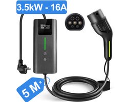 Junsun Type 2 EV Mobiele Thuislader Laadkabel (met aarding) - 3,5kW 1 fase (6-16A)- 6A/8A/10A/13A/16A instelbare stroom | 5meter Laadkabel - 230V EV-oplader - Voor Elektrische Auto's - Schuko-stekker & CEE-stekker - 3 jaar garantie - IP65 - LCD