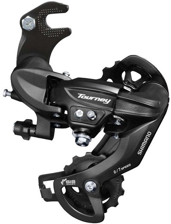 Zwarte Shimano Tourney 6/7 speed derailleur met SIS INDEX technologie, op een witte achtergrond.