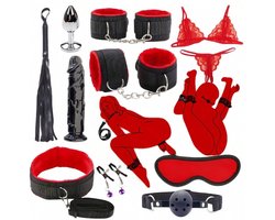 Oneay BDSM Bed Bondage Set - 10 Delig - SM Handboeien - Bedboeien - Enkelboeien - Springzweep - Blinddoek - Sex Toys voor Koppels - Seksspeeltjes voor mannen en vrouwen - Rood