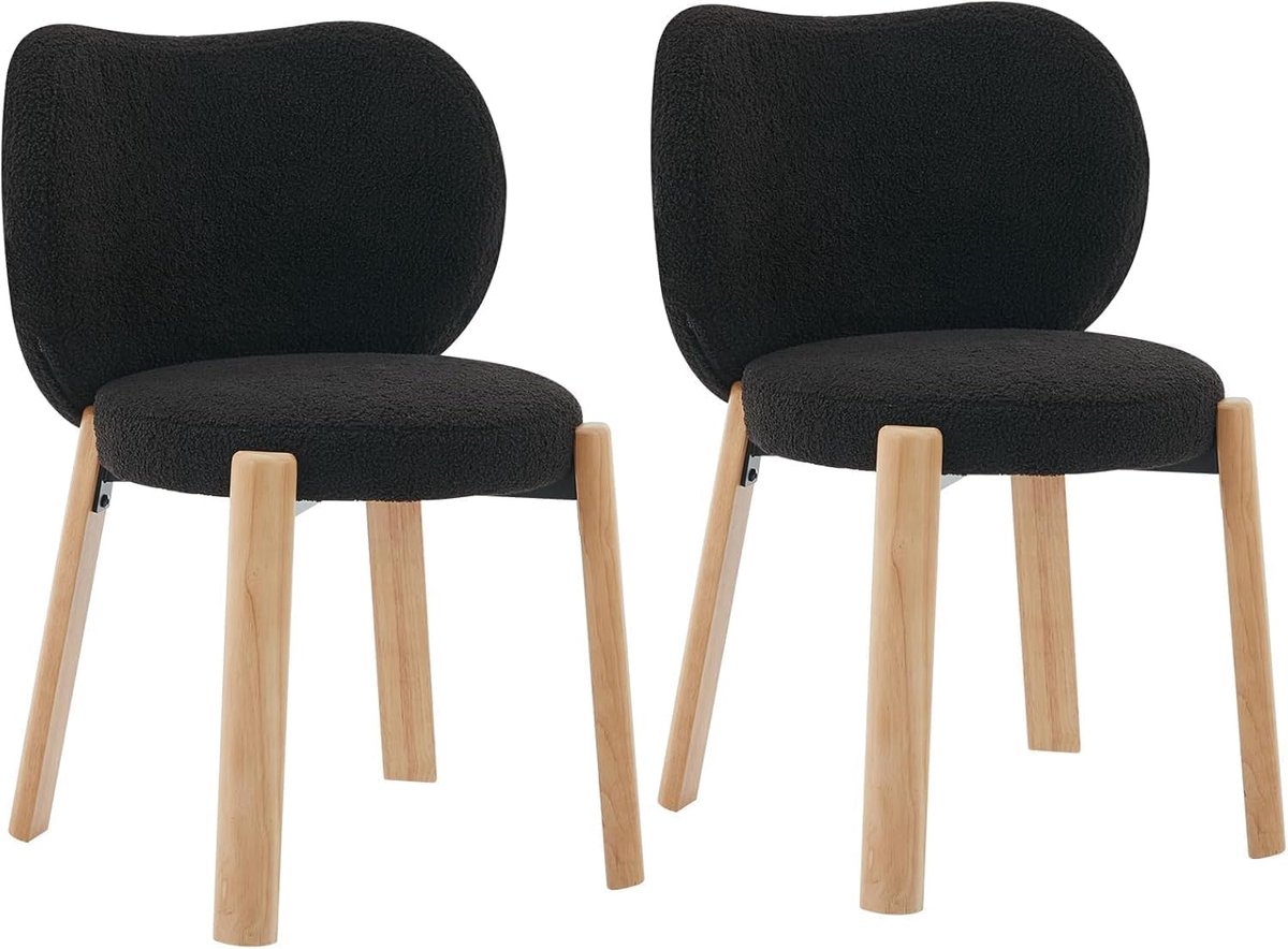 Luxe Bouclé Eetkamerstoelen Set van 2 - Zwarte Teddy Stoelen met Houten Poten - Zonder Armleuning - Eetkamer, Slaapkamer & Kaptafel