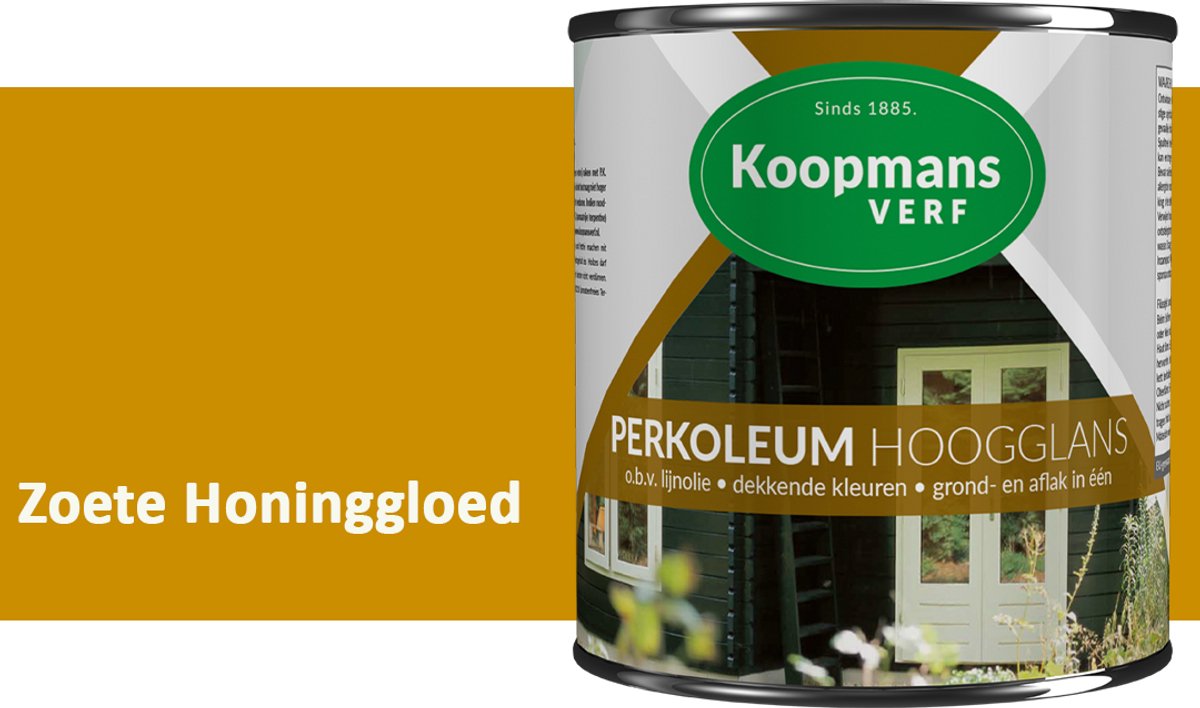 Koopmans Perkoleum Hoogglans Dekkend – Zoete Honinggloed – 750 ml – Dekkende Beits Buiten – Schutting, Gevel & Tuinhout