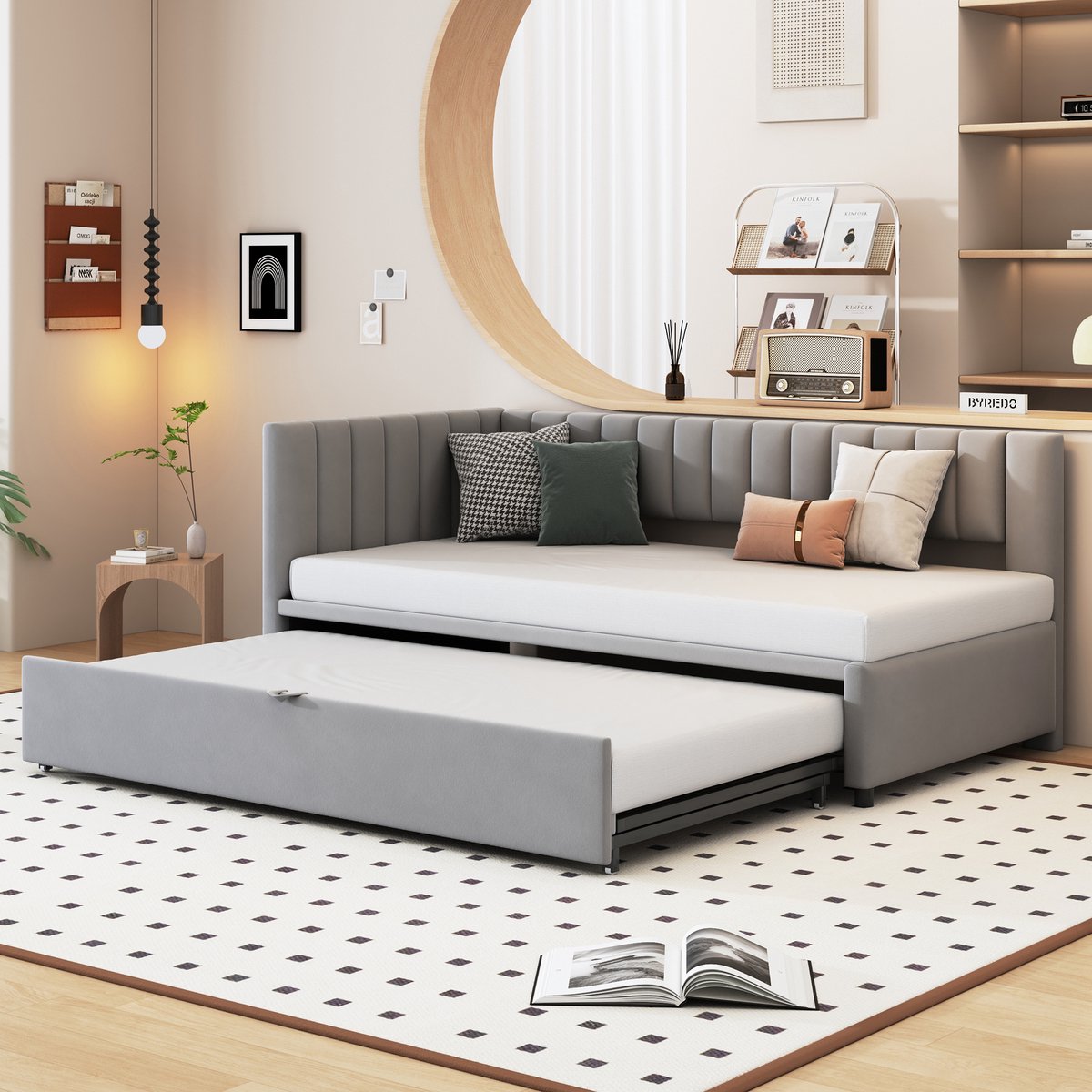 MODENUIT Bedbank 90x200 cm – Uitschuifbed met L-vorm en rugleuning – Zonder matras – Voor kinderkamer of logeerkamer – Grijs Lichtgrijs