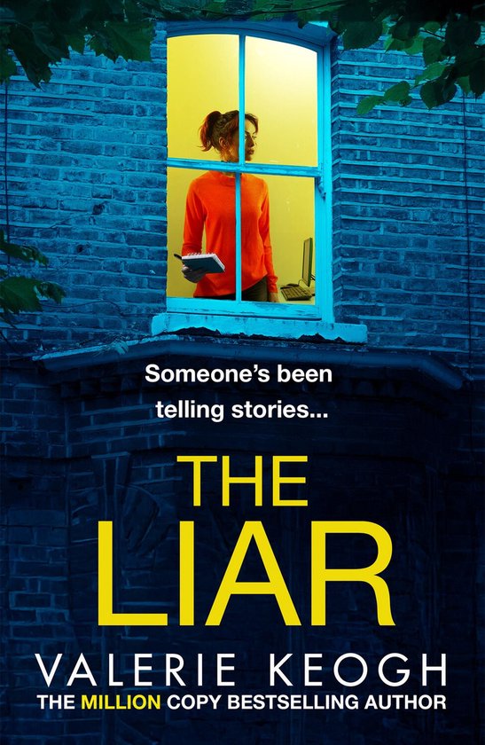 Boek 'THE LIAR' met een vrouw in een oranje trui in een raam. "Someone's been telling stories..."