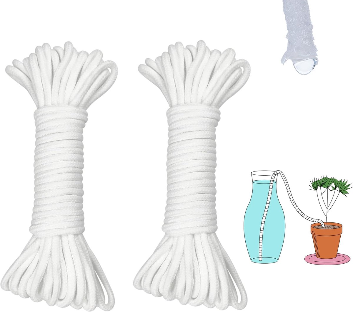 Twee rollen zelfabsorberend capillair touw van 10 m x 6 mm, geschikt voor de verzorging van planten tijdens de vakantie, zelfgemaakte zelfabsorberende hydrocultuurpotten