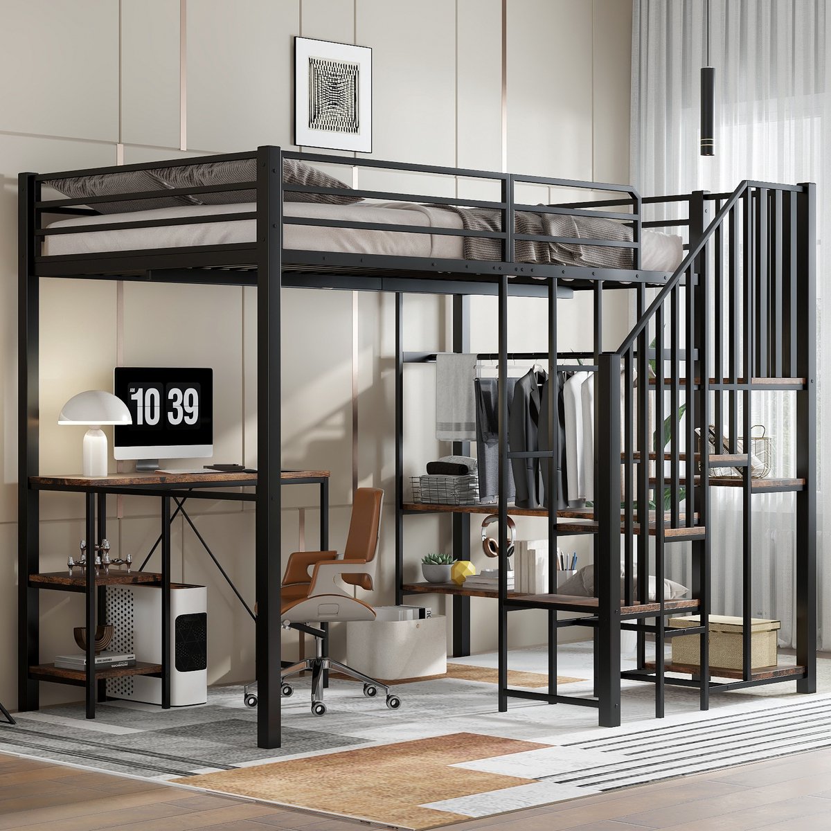 MODENUIT Hoogslaper 120x200 cm – Met Bureau, Open Kast en Opbergtrap – Metaal en MDF – Zonder matras – Zwart