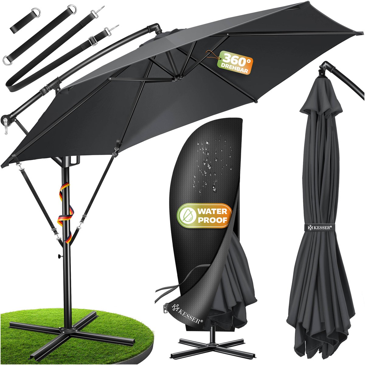 KESSER® Zweefparasol met voet 350cm x 350cm - Parasol 360° Draaibaar Incl. Beschermhoes Tuinparasol - Antraciet Ø 3,5m