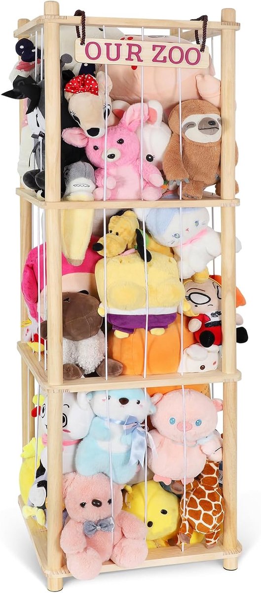 Knuffel dier opslag - Pluche speelgoed houder - Speelkamer organiseren - Grote capaciteit hoekoplossing - 134 cm hoog - Houtkleur
