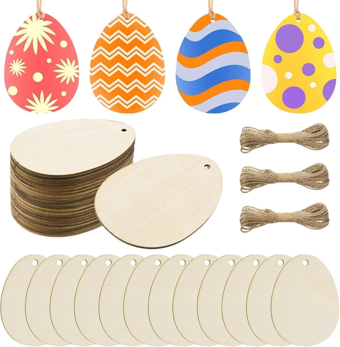 Houten Paaseieren Set - Onbehandeld Hout - Paasdecoratie Knutselen - 24 Stuks Inclusief Touw - 8x6 cm Afmeting - Natuurlijk