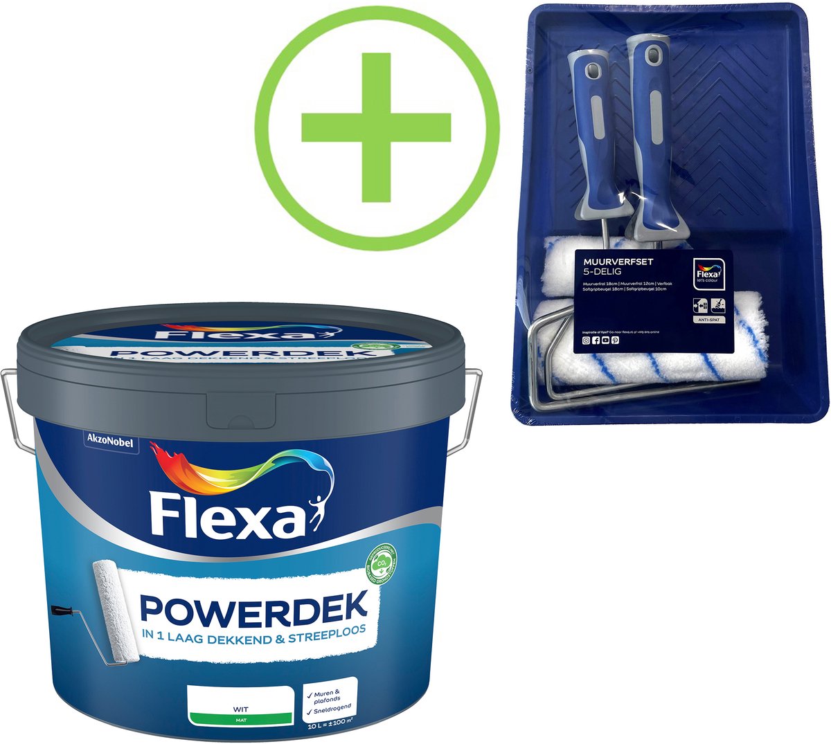 Flexa - Powerdek Muren & Plafonds - Wit - 10 L + Flexa Muurverfset 5 Delig
