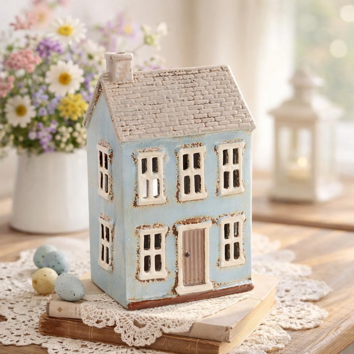 Lichthuis Keramiek - Theelichthouder Kandelaar - Sfeervolle Decoratie - Handbeschilderd Uniek Stuk - 22 x 13 x 9 cm