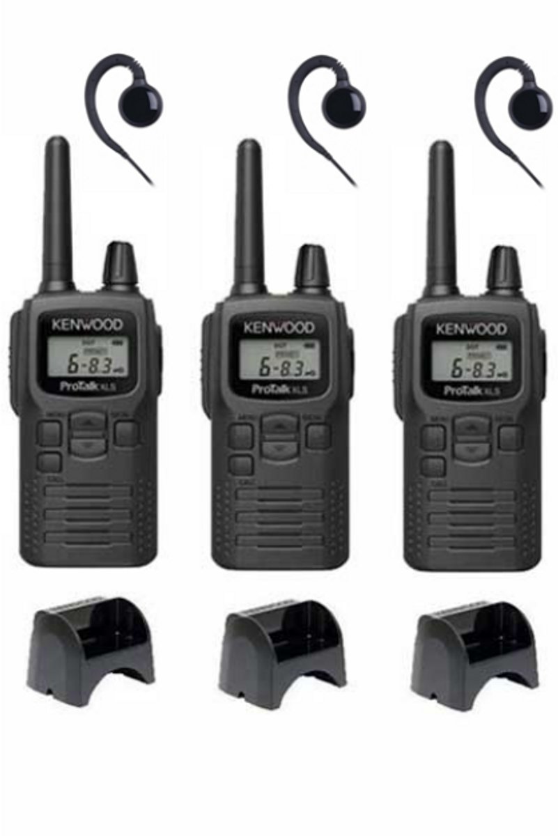 Set van 3 Kenwood PKT-300 ProTalk XLS IP52 PMR446 mini portofoons en C-ring oortje