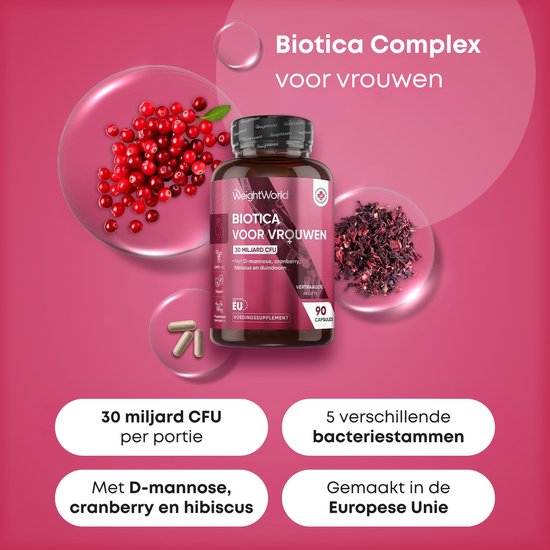 Bruine pot 'Biotica voor vrouwen' met cranberry's en gedroogde hibiscus ernaast, met informatie over de inhoud.