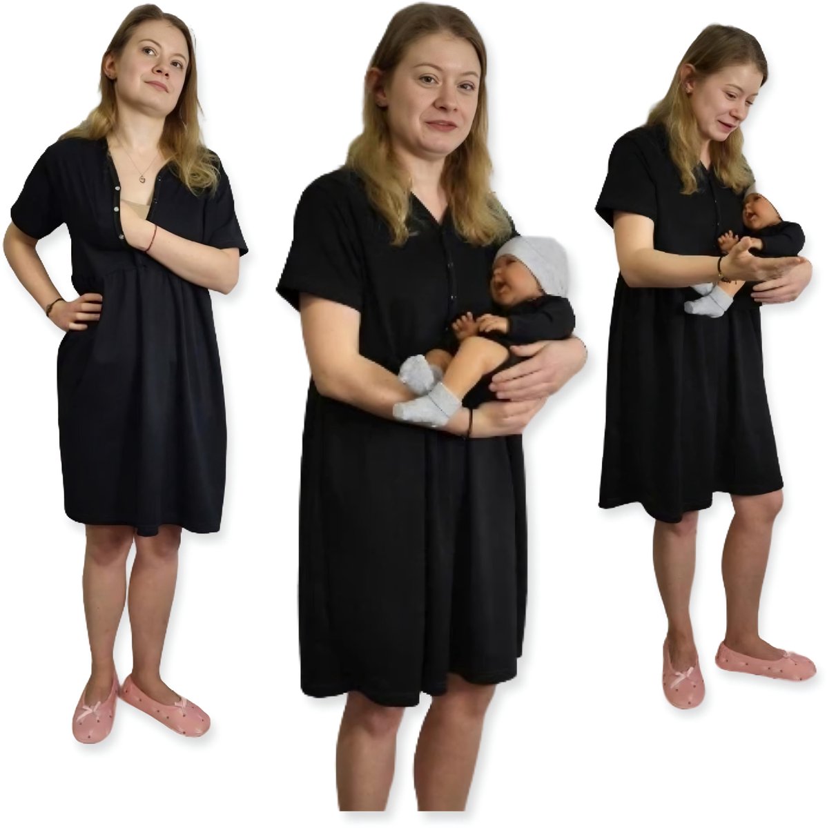 Dartomik - Serie Abcdefg-baby - Borstvoedingsnachtjapon - Korte Mouw - Zwart - Maat S