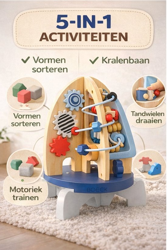 Houten Montessori Speelgoed Raket - 5-in-1 Activiteitenkubus - Motoriek & Vormenspel - Educatief Speelgoed 1-3 Jaar - Jongens & Meisjes van Houten — afbeelding 5