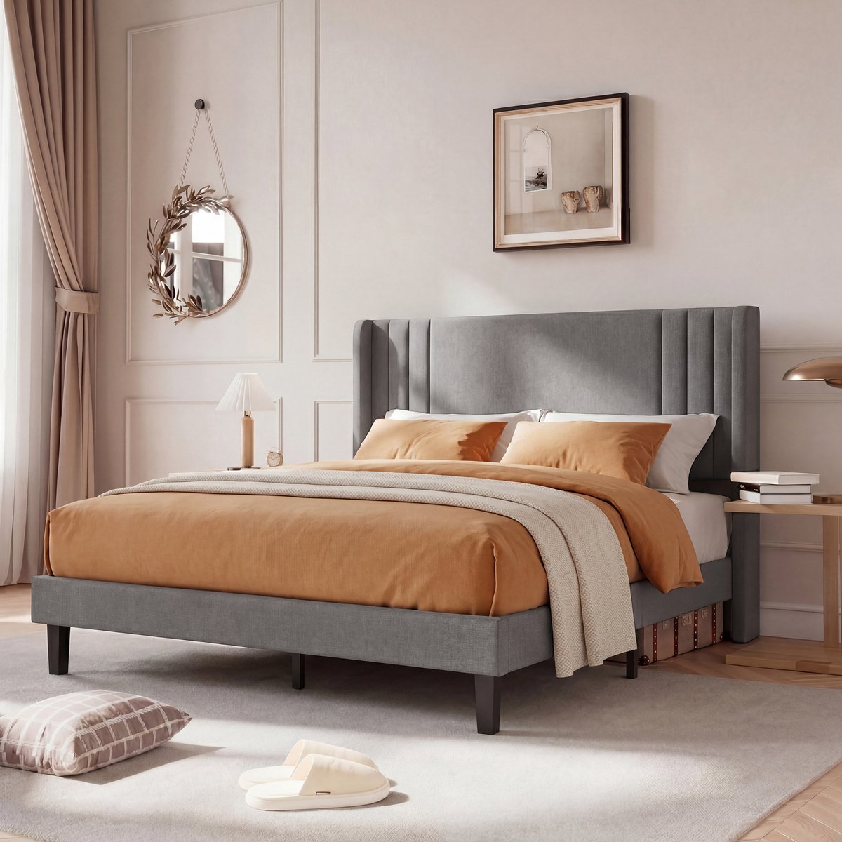 SHOPENTRA Tweepersoonsbed 140x200 cm – Gestoffeerd Bedframe met Gestreept Hoofdbord – Grijs Linnen – Stevig en Comfortabel