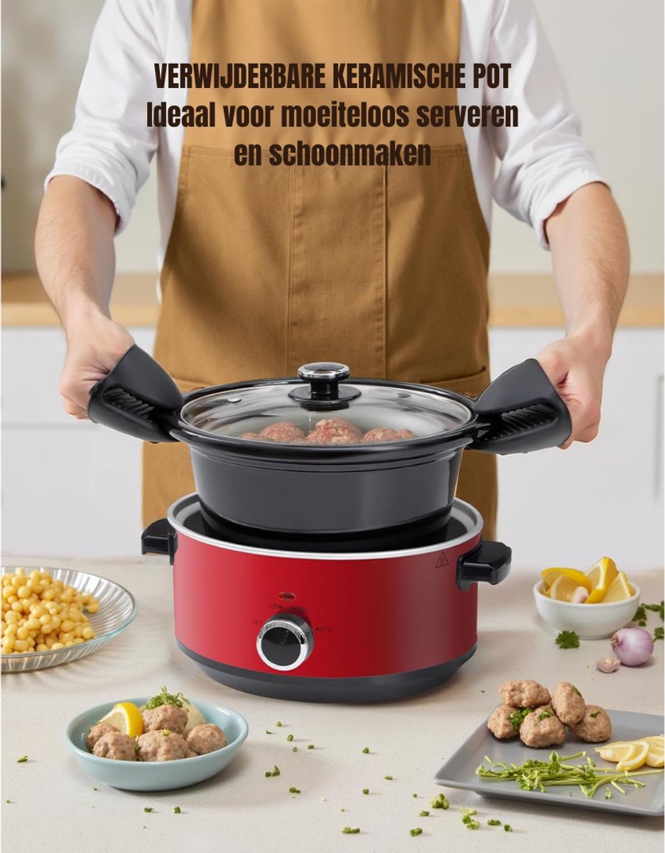 Aurixi® Slowcooker met timer - Slowcooker - Crockpot - Rood- 24cm x 31cm x 18cm – foto 6