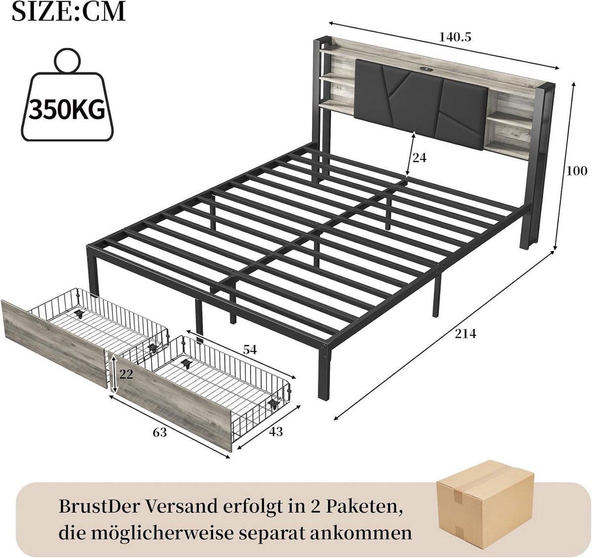 Tweepersoons Bed 140x200cm met USB-C Opladen en LED, Gestoffeerd met Opbergruimte en Schubladen