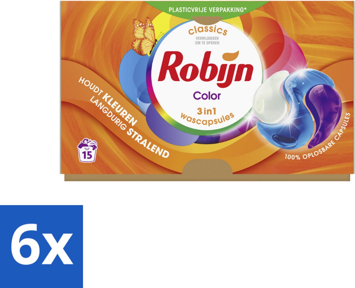 6 x Robijn Wascapsules 3-in-1 Color 15 stuks per verpakking - Kleurbehoud - Wascapsules - Wasverzachter - Biologisch Afbreekbaar - Frisse Geur