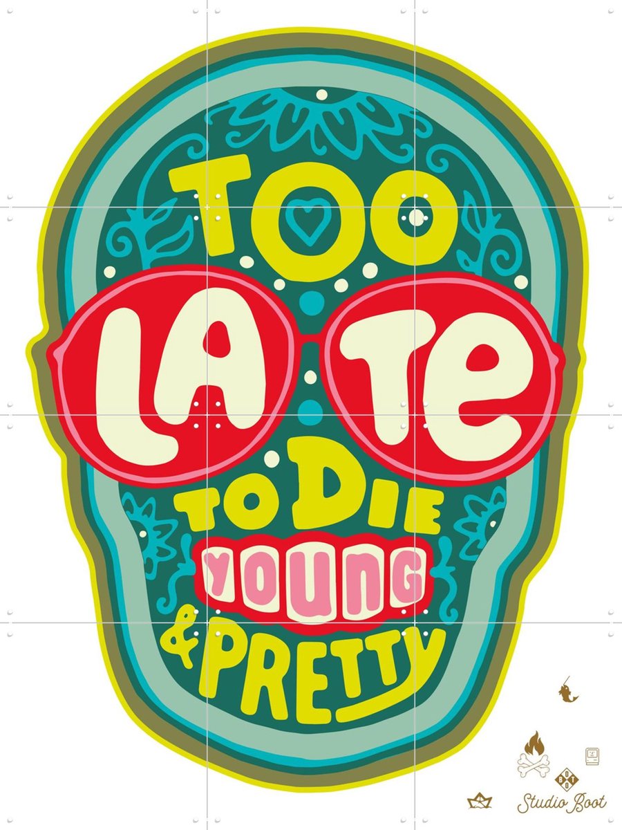 IXXI Too late to die young & pretty, Studio Boot - 60 x 80 cm - Gratis ophangtool - Grote wanddecoratie en posters - Illustraties, Kleurrijk, Grafisch
