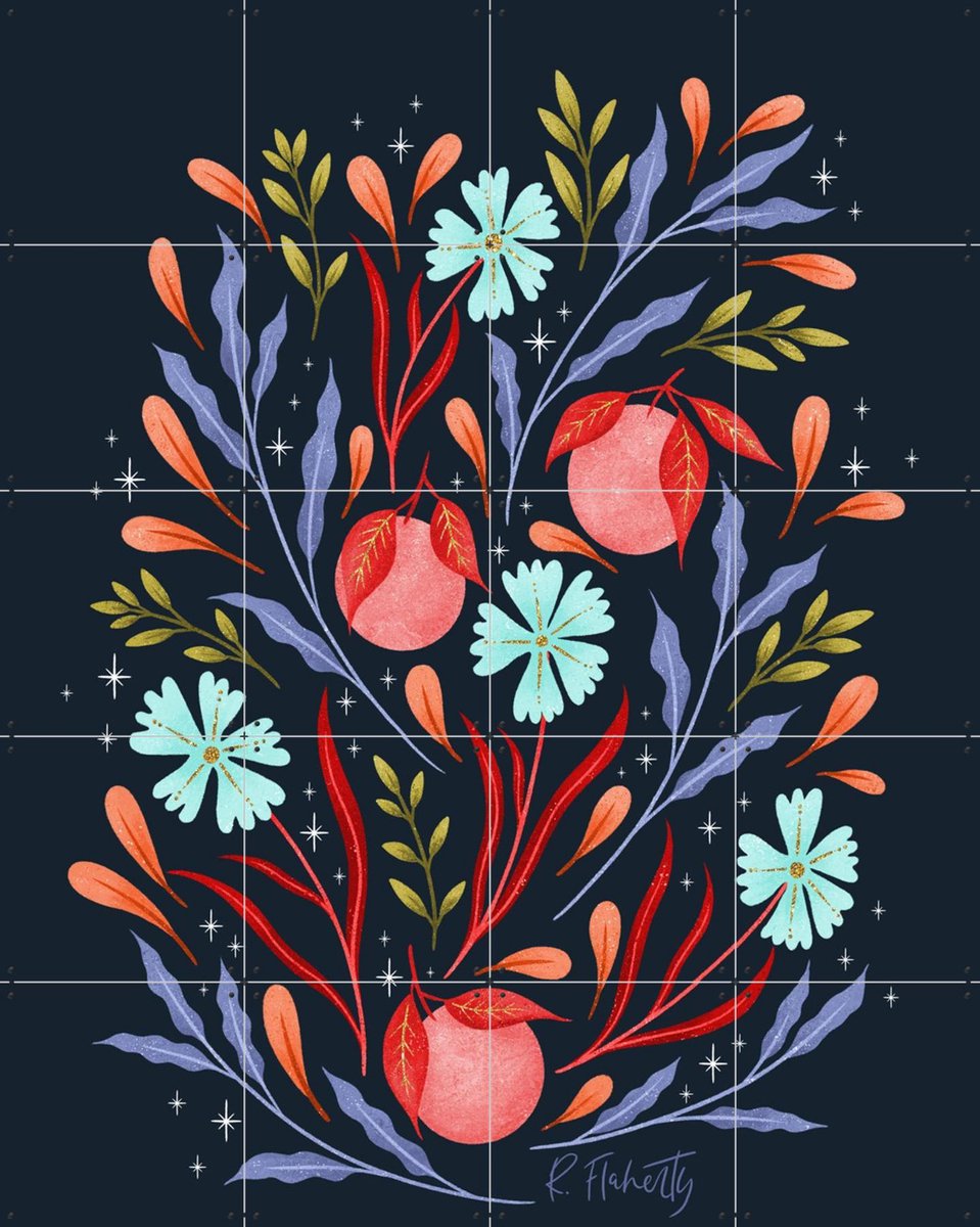 IXXI Wild Flowers and Oranges Coral, Rebecca Flaherty - 80 x 100 cm - Gratis ophangtool - Grote wanddecoratie en posters - Speels, Illustraties