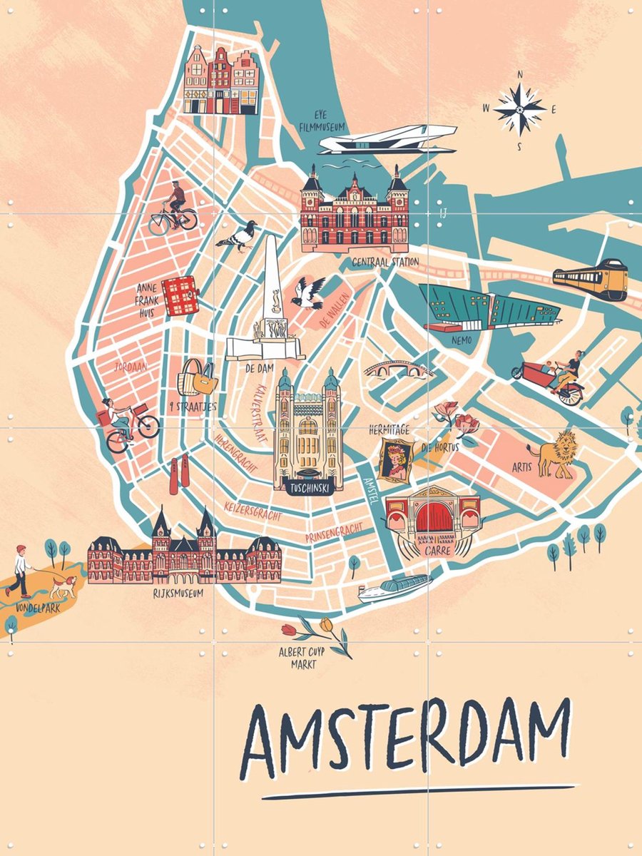 IXXI Amsterdam Illustration, Revista Ontwerp & Kunst in Kaart - 60 x 80 cm - Gratis ophangtool - Grote wanddecoratie en posters - Speels, Digitale