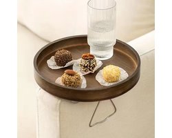 Ronde Walnoot Sofa Tray met Klem – Ruimtebesparende Opvouwbare Bijzettafel voor Drankjes en Snacks