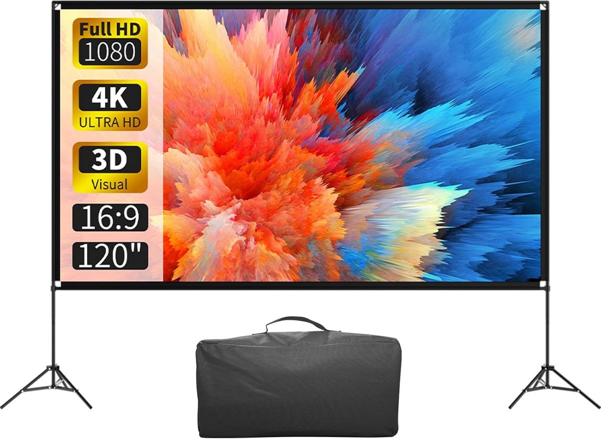 Draagbaar Projectiescherm 120 Inch 4K HD – Binnen & Buiten – Opvouwbaar en Kreukvrij met Standaard
