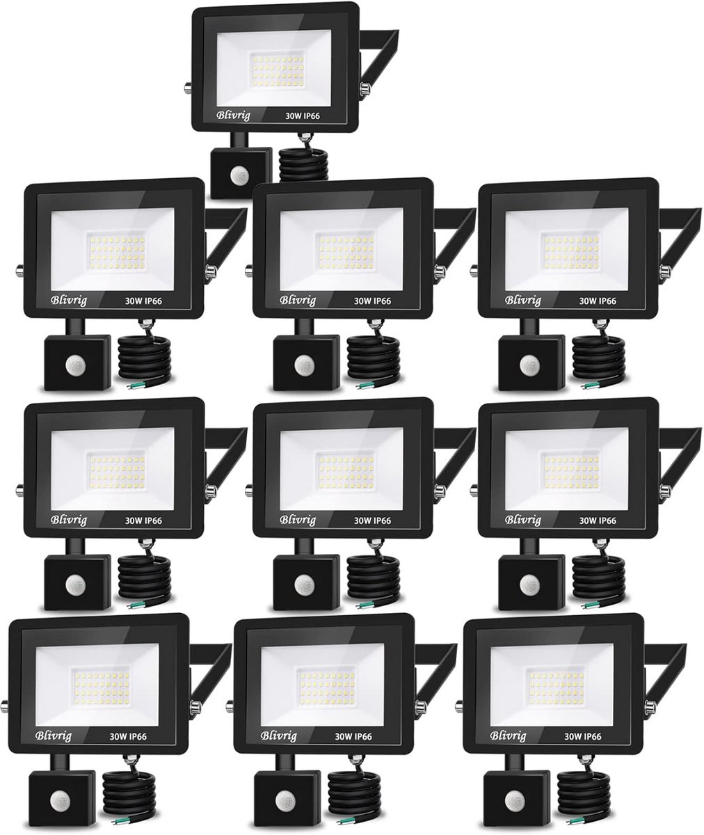 10x Krachtige 30W LED Buitenlamp met Bewegingssensor - 3000lm Waterproof IP66 Koud Wit 6000K