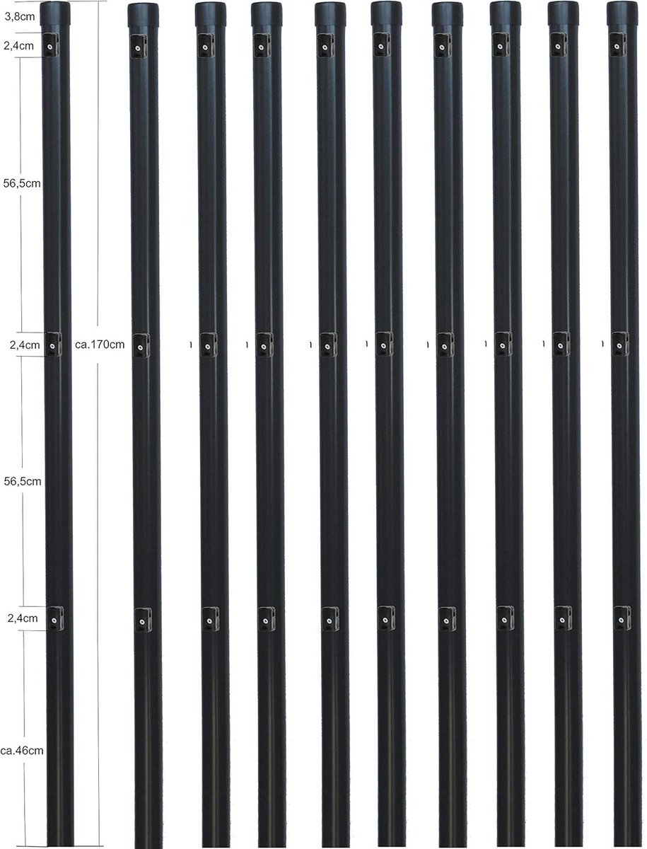 10 Hekpalen Antraciet Ø34mm x 170cm voor Gaashek 120cm Hoog - Inbetonneren