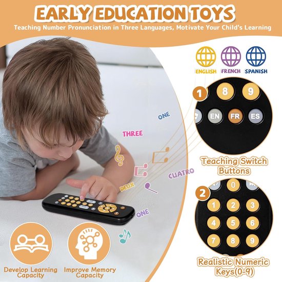 Baby Afstandsbediening Speelgoed - Met Licht, Geluid & 3 Talen (EN/FR/ES) - Educatief Ontwikkelingsspeelgoed voor Baby‘s vanaf 6 Maanden (Zwart) — afbeelding 5