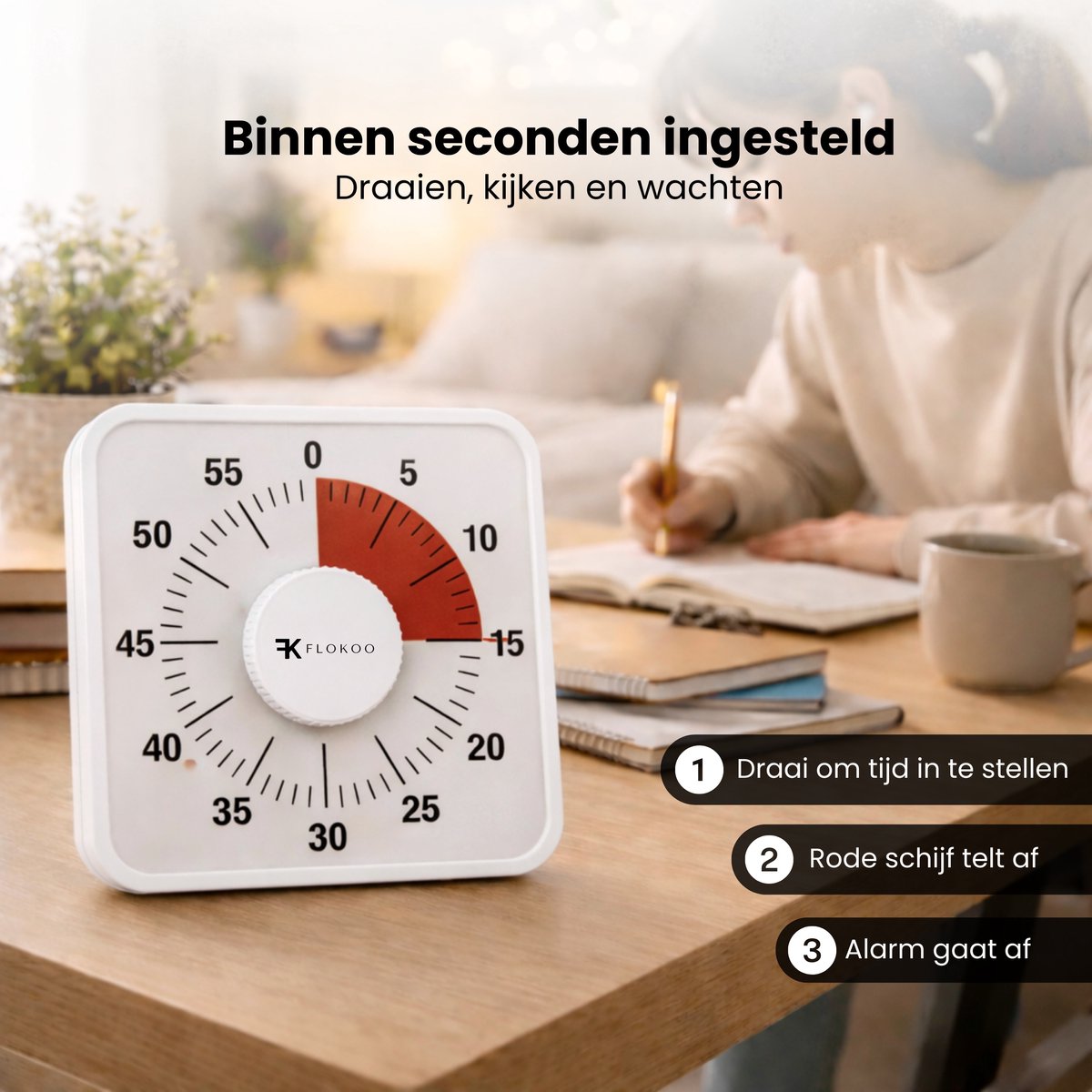 Leerklok Wit - 19cm x19 cm - Aftelklok - Kookwekker Analoog - Leer Klok kijken — afbeelding 6