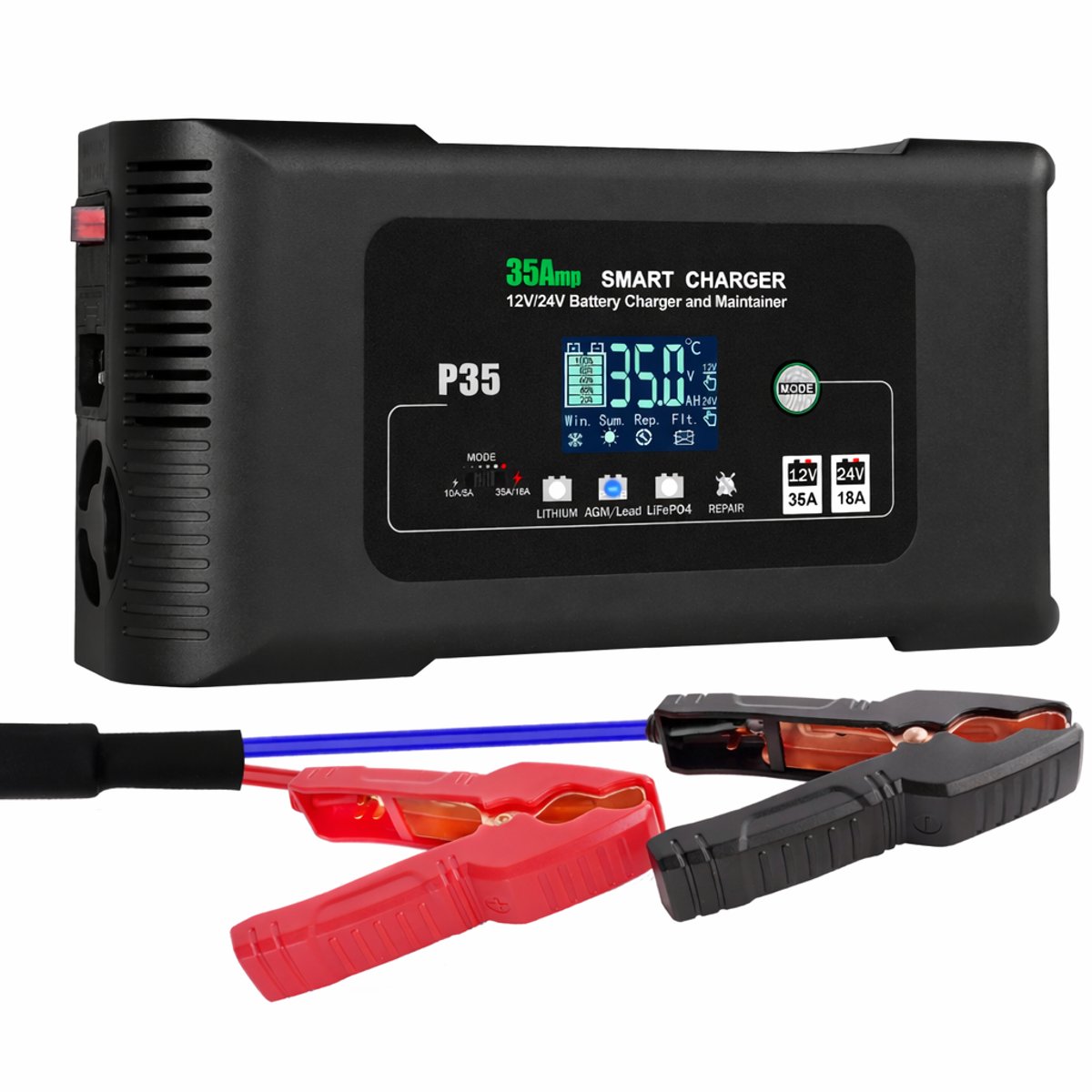 P35 35A Acculader 12V/24V – Smart Oplader & Onderhoudslader voor Lithium, LiFePO4 & Loodzuur (AGM/GEL/EFB) – Zwart
