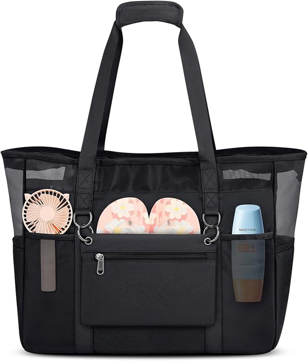 Ultiluxe® Strandtas voor dames - Zwart - Schoudertas voor het strand met ritssluiting - 40 L - Damestas met binnenvakken - 46 x 35 x 20 cm - Met bagageband voor reizen