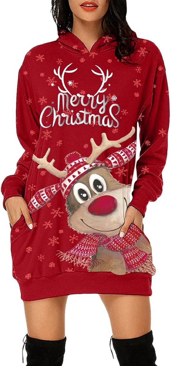 Dames Kerst Jurk Hoodie Lang Oversized Sweatshirt met Capuchon