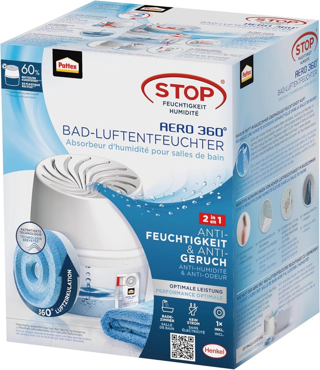 Luchtontvochtiger Badkamer 360° - Vochtvreter voor Effectieve Luchtcirculatie en Schimmelpreventie (Incl. Navultablet)