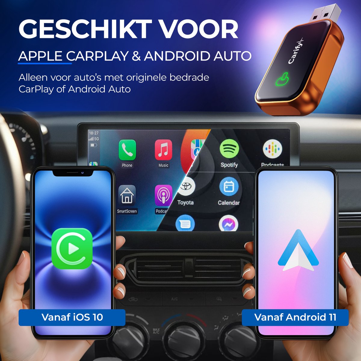 Carify Premium 2-in-1 draadloze CarPlay & Android Auto adapter USB-A/C Bluetooth 5.4 oranje dongle - Afbeelding 4