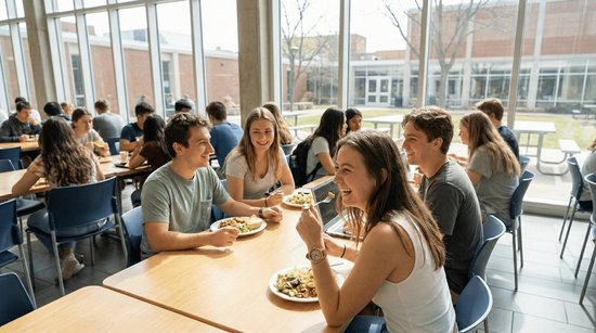 Un groupe d'étudiants souriants mange ensemble à des tables en bois dans une cafétéria lumineuse avec de grandes fenêtres.
