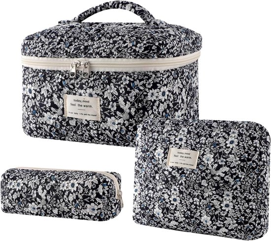 Make-up tas set - gewatteerde tas - grote make-up tas voor dames met bloemenprint - make-up tas met bloemenpatroon - schattige katoenen make-up tas - toilettas - reisformaat organizer voor cosmetica en toiletartikelen