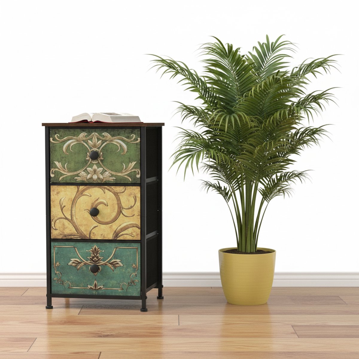 TRANKIELO® - Commode met 3 stoffen laden - Vintage opbergkast voor slaapkamer, woonkamer en hal - Compact ontwerp