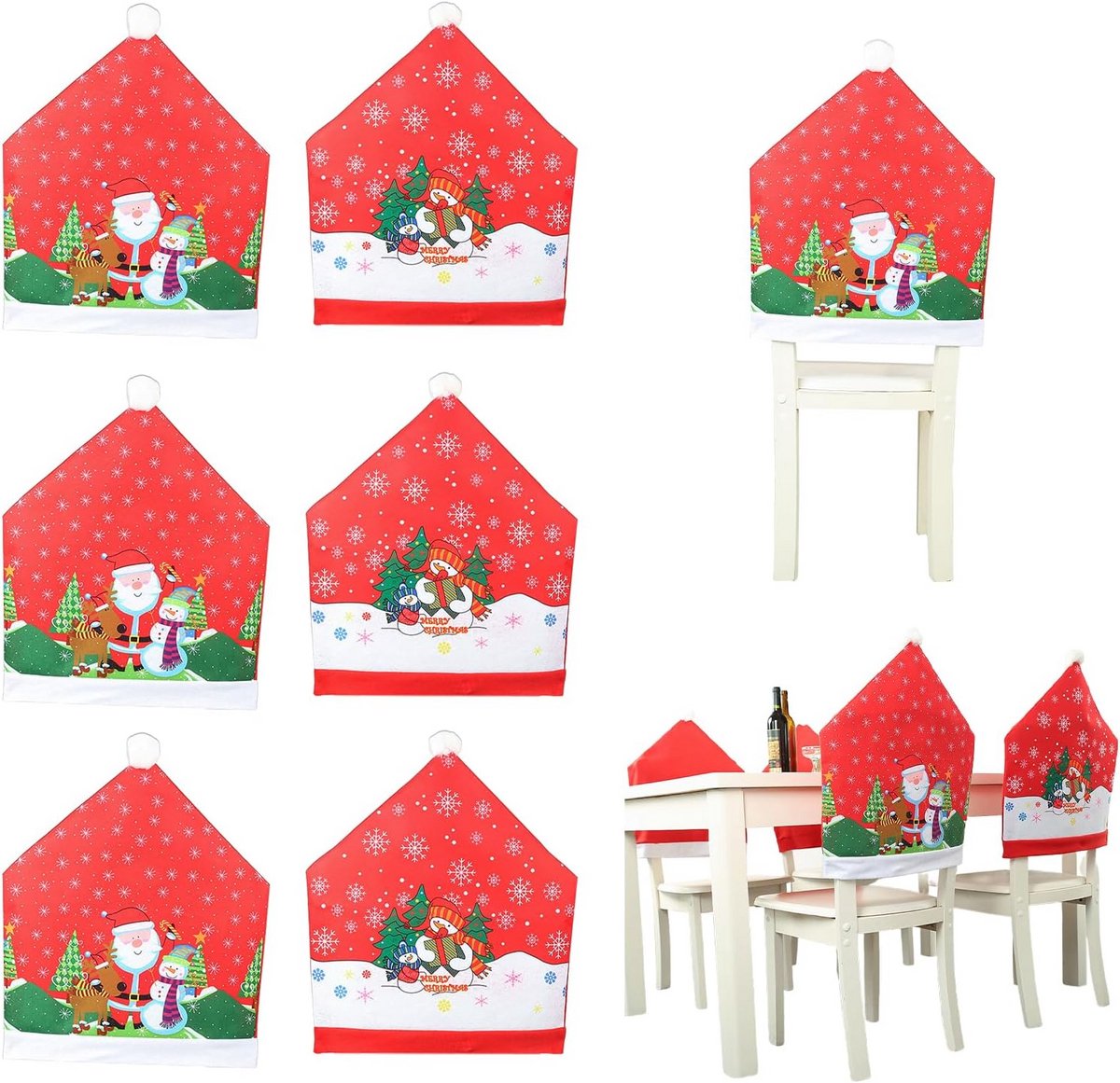 Set van 6 Kerst Stoelhoezen in Kerstmuts Design - Feestelijke Stoelbekleding voor Eetkamer