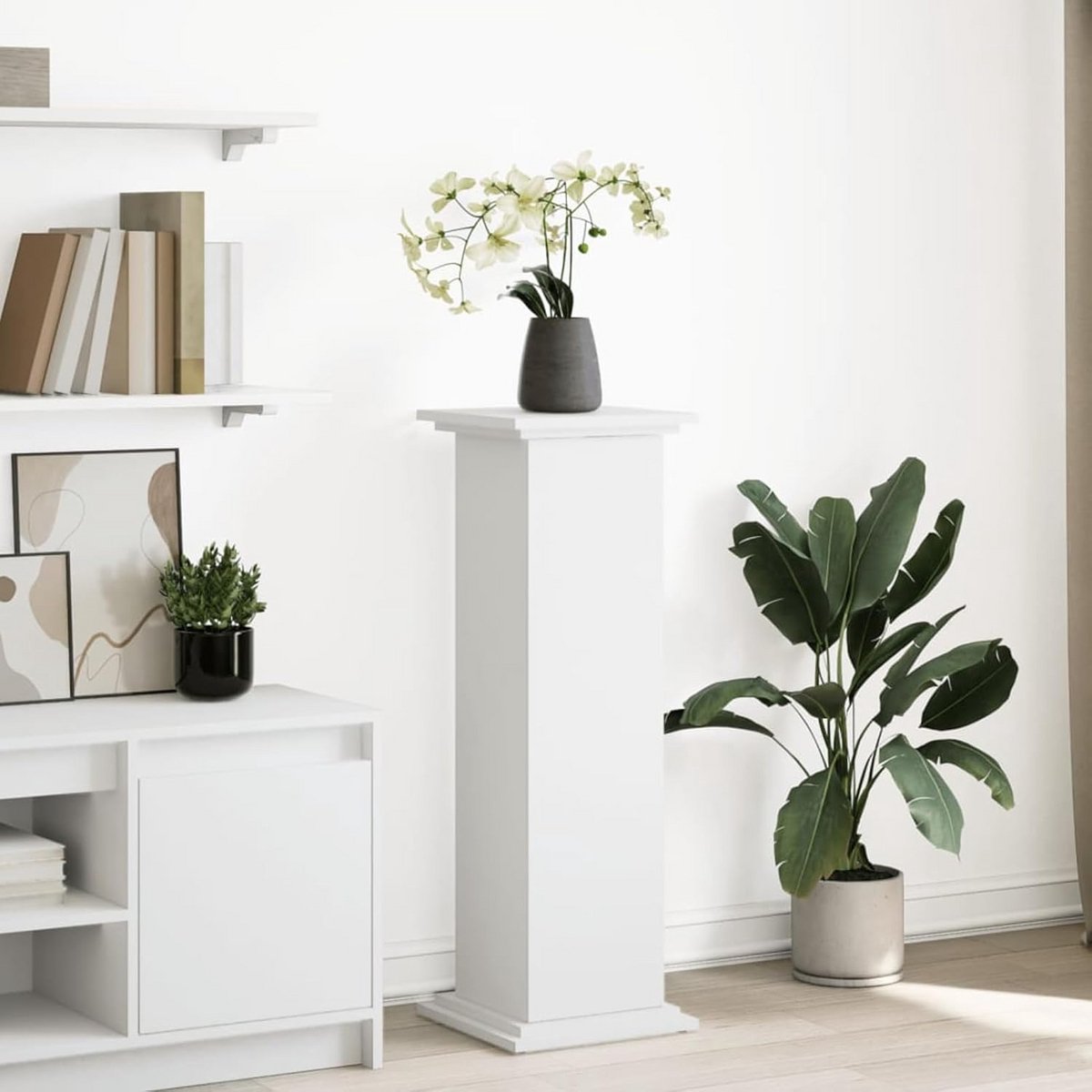 Decoratieve Houten Zuil met Opbergruimte en Deur - Witte Plantenstandaard voor Binnen en Buiten - 90 cm Hoog