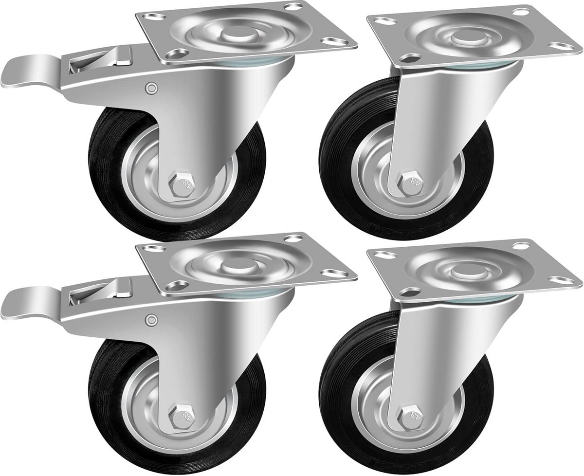 Set van 4 Zwenkwielen 75mm met Rem - Zware Kwaliteit Transportrollers voor Meubels en Pallets